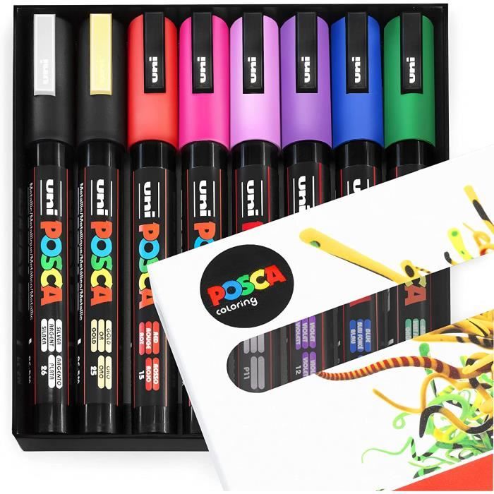 Uni Posca PC5M Lot de 8 marqueurs de peinture 1,8 à 2,5 mm Couleurs populaires Coffret cadeau