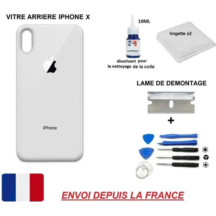 vitre arrière IPHONE X 5.8 ARGENT/BLANC qualité origine en verre, coque cache batterie double face Adhésif kit outil lame dissolvant