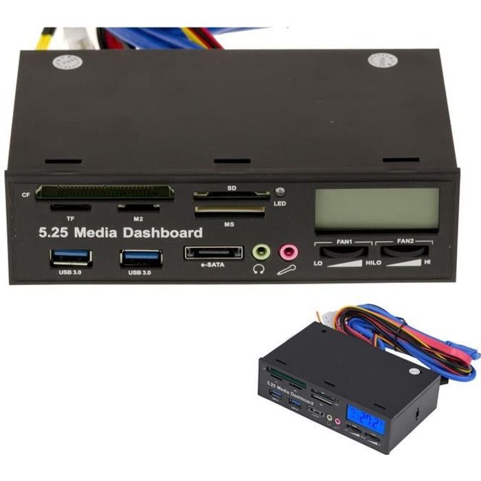 Façade avant pour baie disque dur ou CD ROM 5.25- - USB eSATA SON SD CF Avec sonde température et réglage des ventilateurs
