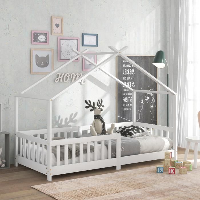 MODERNLUXE Lit cabane enfant 90x200cm, Lit d'enfant en bois de pin avec barre de sécurité-blanc