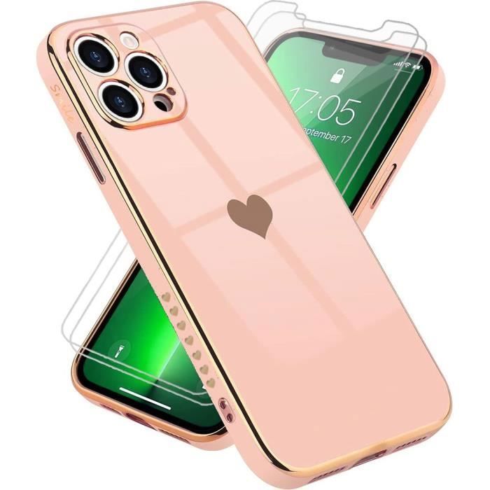 Coque Pour iPhone 13 Pro Max (6,7-) Rose + 2 Verres Trempés Amour-Mignon Luxe Antichoc Souple Anti-Rayure Galvanisé Or