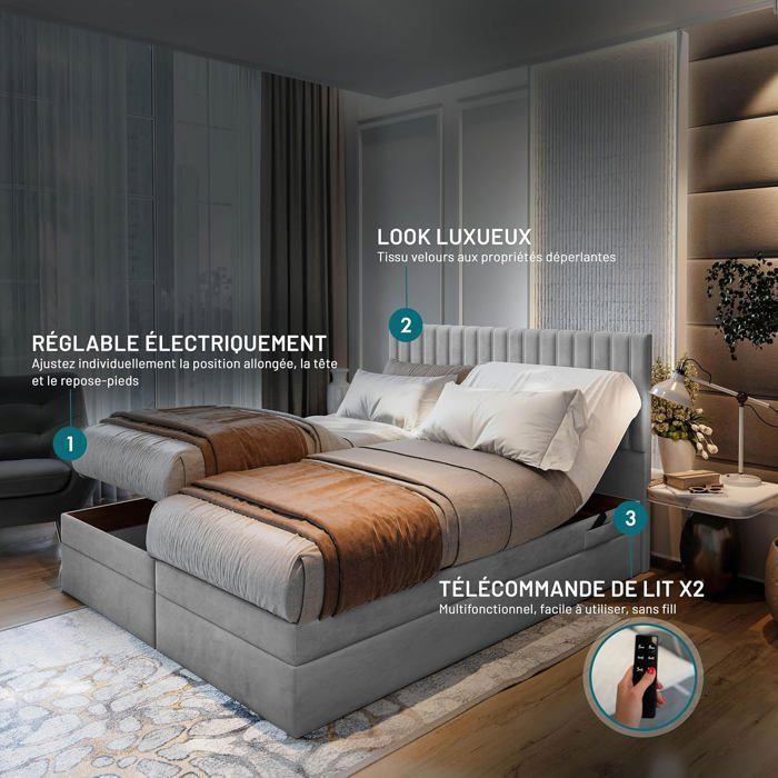 Lit adulte ADÈLE - ensemble matelas+sommier relaxation électrique - 160x200 cm - velours gris clair Lit adulte ADÈLE - ensemble matelas+sommier relaxation électrique - 160x200 cm - velours gris clair