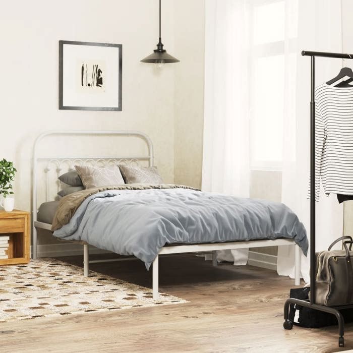 Lit Simple 1 Place Cadre de lit métal et tête de lit blanc 100x190 cm sans matelas Adulte61061066