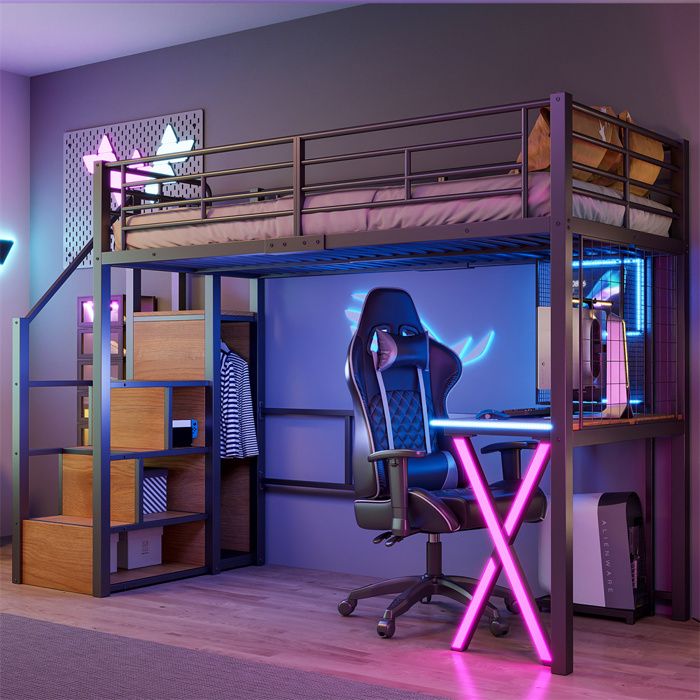 DRIPEX Lit superposé 90*200cm avec lumière dambiance télécommandéeLit en fer avec bureau armoireétagèresNoir