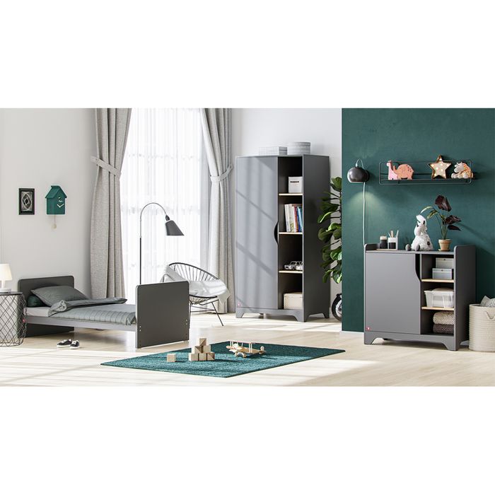 VOX Chambre compl&egrave;te lit b&eacute;b&eacute; &eacute;volutif - commode &agrave; langer - armoire 1 porte  Leaf Gris et bois 