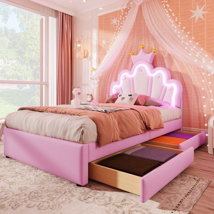 Lit simple pour fille 90 x 200 cm avec 2 tiroirs lit rembourré en PU avec tête de lit réglable lit avec lumière dambiance Rose