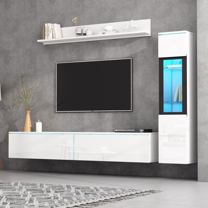 TV mural Set de 3 pièces LED éclairage haute lumière blanc salon meubles set mur avant blanc 1 x armoire TV 1 x vitrine de salon