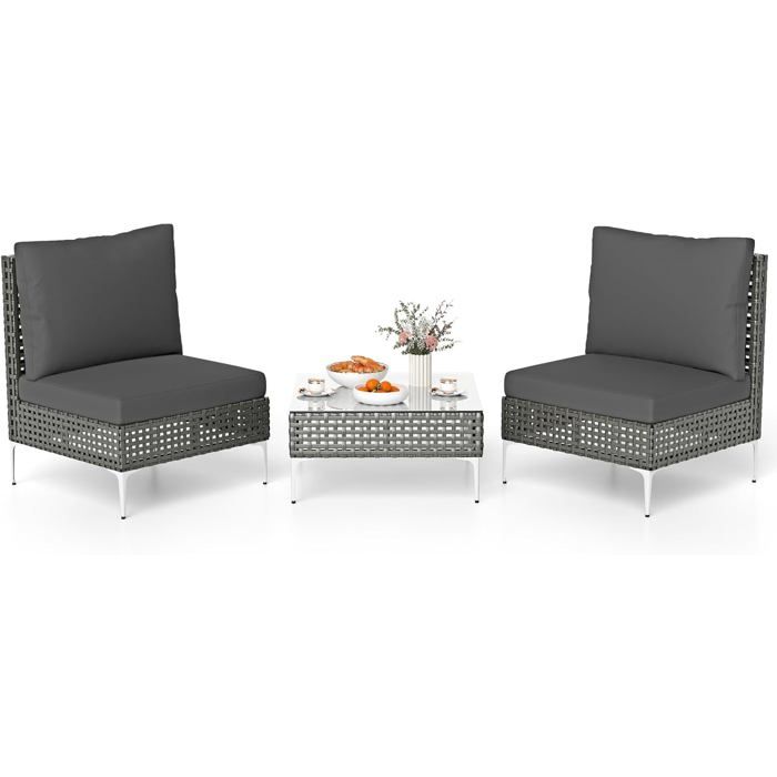 COSTWAY Ensemble 3 Pièces Table et Chaises de Jardin Extérieur en Osier PE avec Coussins Table Basse en Verre Trempé pour Porche