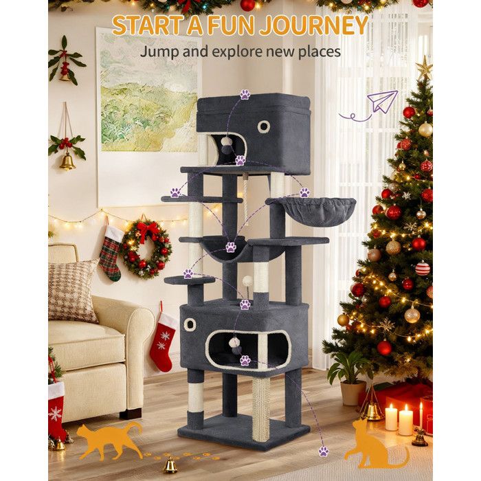Meilleurs prix pour Arbre à Chat Tour de Jeux pour Chats de 178 cm avec Grande Plateforme 2 Niches 7 Griffoirs Pompons Paniers Hamac Gris Foncé