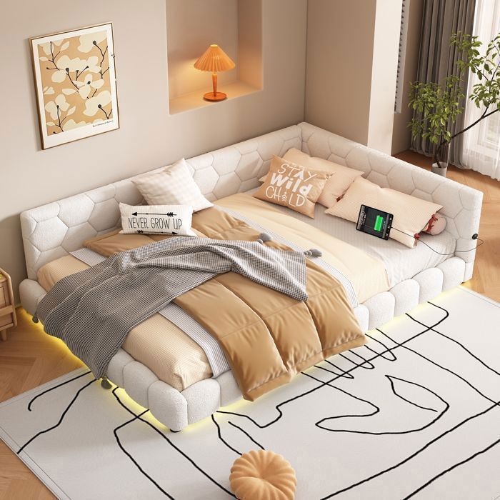 Canapé-Lit Double Confortable Lit de Jour Rembourré 140x200cm pour Adolescent avec LED 16 couleurs USB & Type-C Blanc
