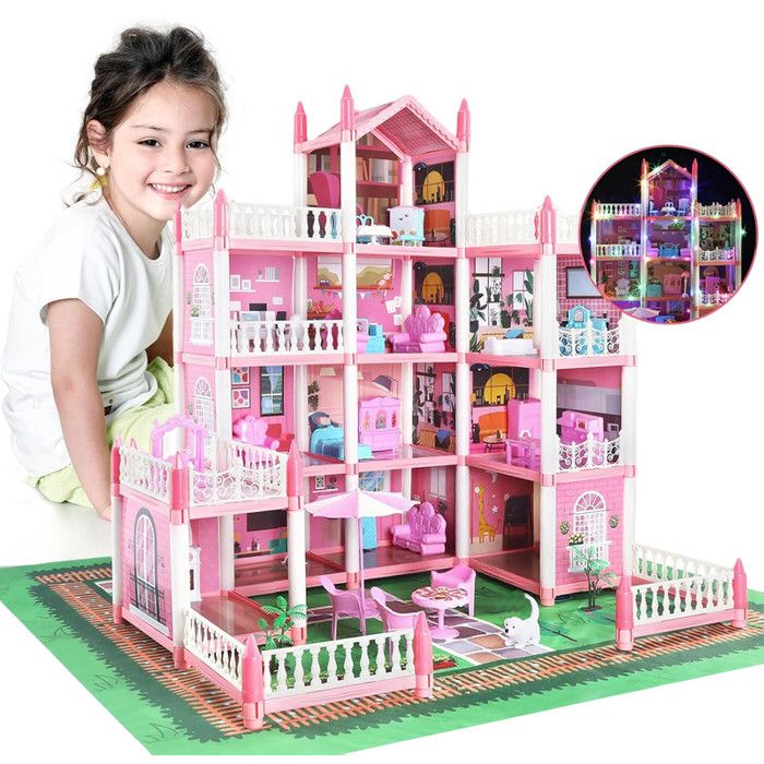 Maison De Poupées Château Princesse 11 Pièces Et Lumières – Grande Villa Lumineuse Avec 4 Poupées Incluses Jouet Éducatif Et