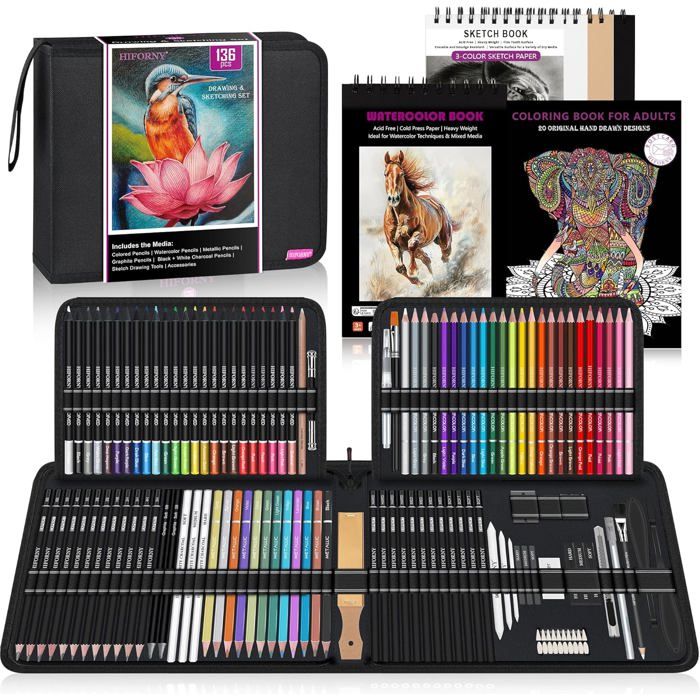 HIFORNY Kit de dessin et d'esquisse de 136 pièces, fournitures