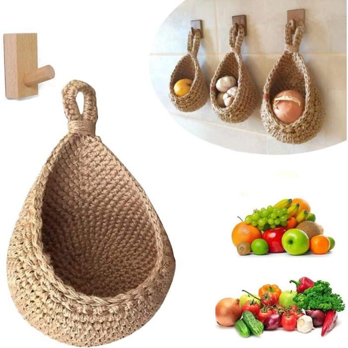 3Pcs Corbeille A Fruit Suspendue,Panier De Fruits Et Legumes Suspendu Au Mur,Panier Mural En Jute Tresse A La Main En Forme De Goutte Deaupanier Suspendu Rangement Pour Cuisinesalo 92001753