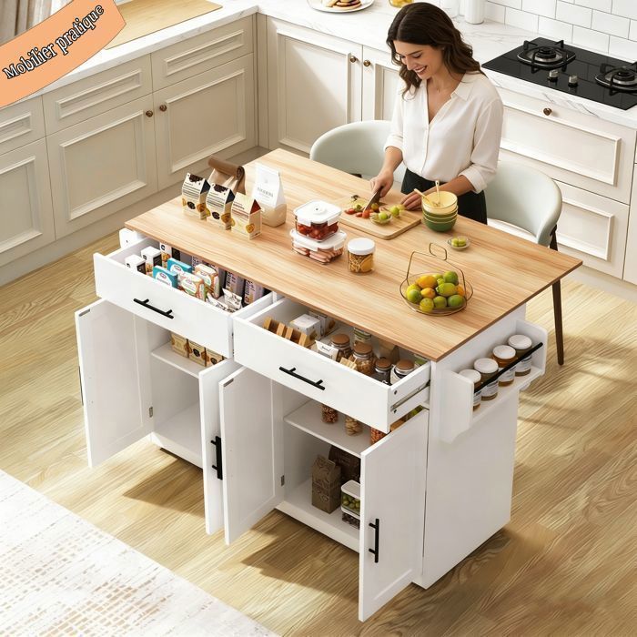 Îlot Central Cuisine Mobile - Desserte de Cuisine à Roulettes avec Tiroirs Rangements et Plateau Pliant 120cm Blanc Bois