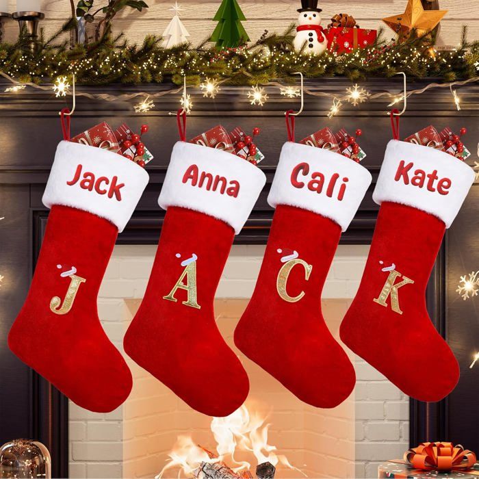 Chaussettes de Noël personnalisées - MICH - 53 cm - Velours - Lot de 1 - Broderie fine - Grande capacité