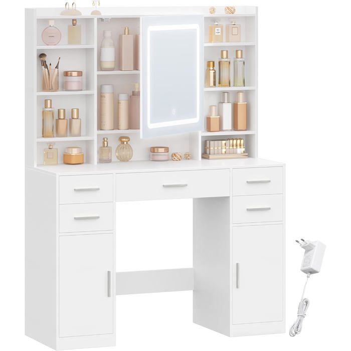 Coiffeuse avec Miroir et Lumières LED Luminosité Réglable Tiroirs Armoire et Étagères OuvertsMiroir avec Étagères CachéesBlanc