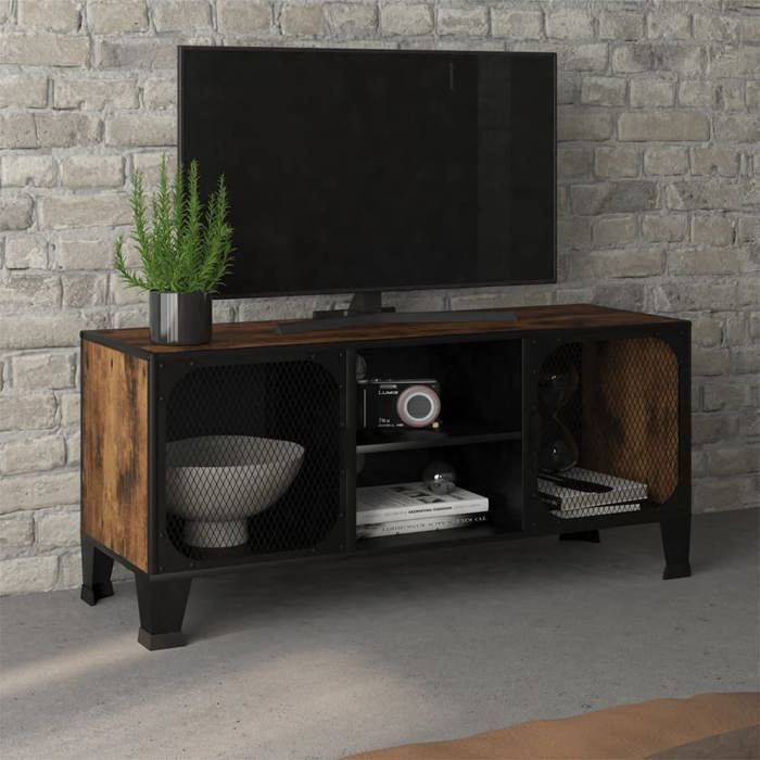 Meuble TV industriel - vidaXL - 105x36x47 cm - Marron rustique - Métal et MDF - 2 portes en maille - 1 étagère