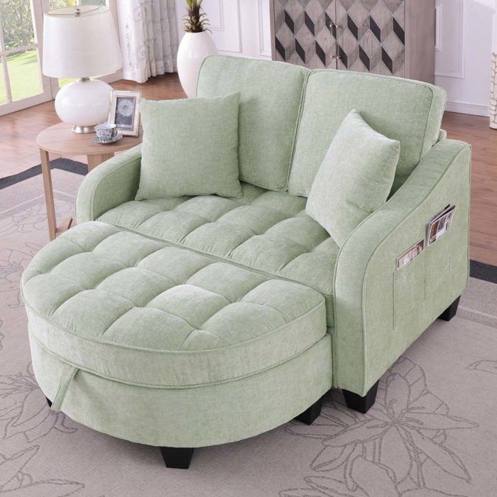 Canapé-lit convertible - avec pouf de rangement - fonction inclinable - tissu chenille - bois deucalyptus écologique - vert