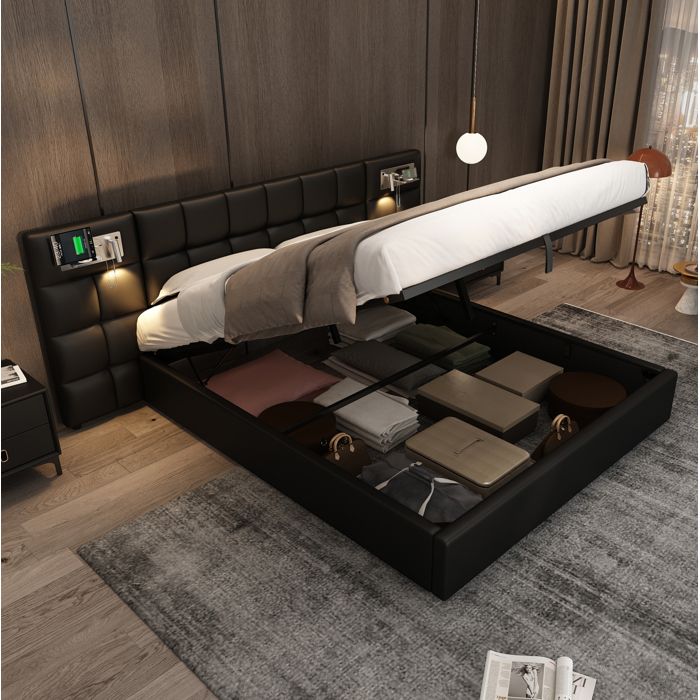 Lit coffre adulte 180x200 cm avec rangement hydraulique USB et charge sans fil lampe intégrée sommier à lattes PU noir