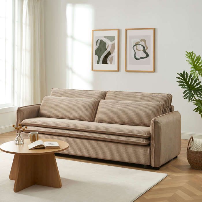 Canapé droit convertible CIBOLA 3 places velours côtelé taupe Canapé droit convertible CIBOLA 3 places velours côtelé taupe