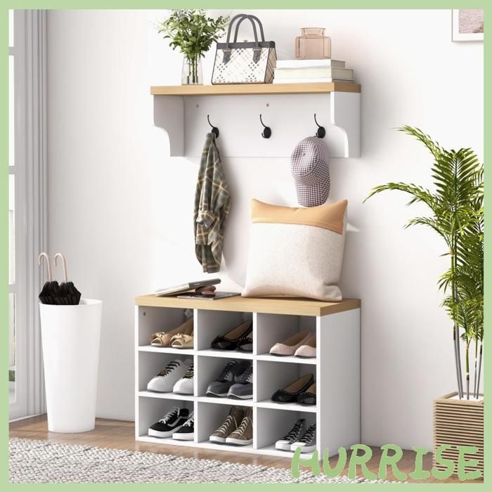 Cocosity Ensemble Meuble DEntrée 2-En-1 Porte-Manteau Mural Banc À Chaussures 3 Crochets Et 9 Niches 75X30X50Cm Blanc Et Chêne