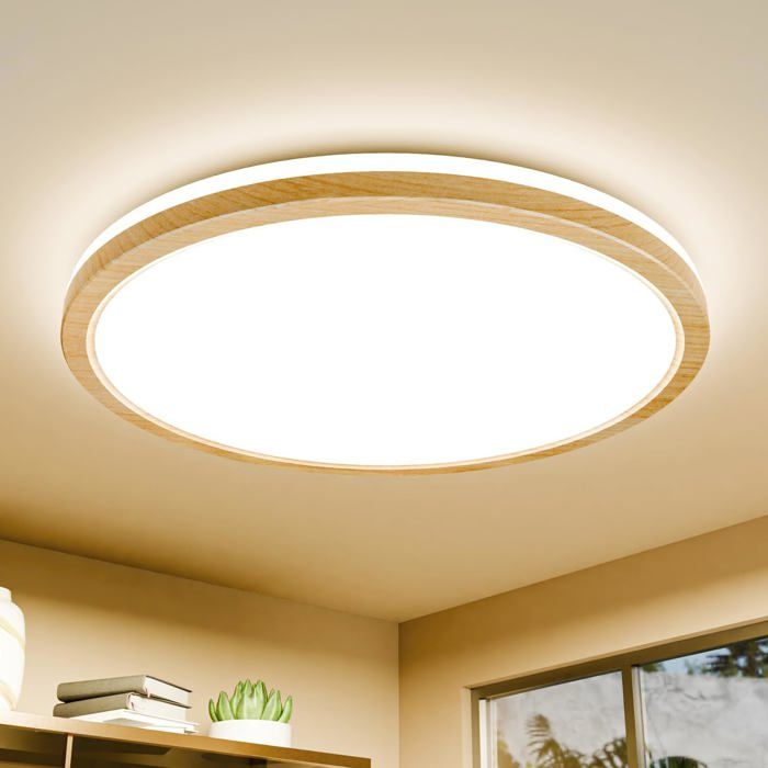 Plafonnier LED moderne-KAL-Plafonnier LED 24W 4000K IP44 Étanche Bois pour Salle de Bain Salon Chambre Cuisine