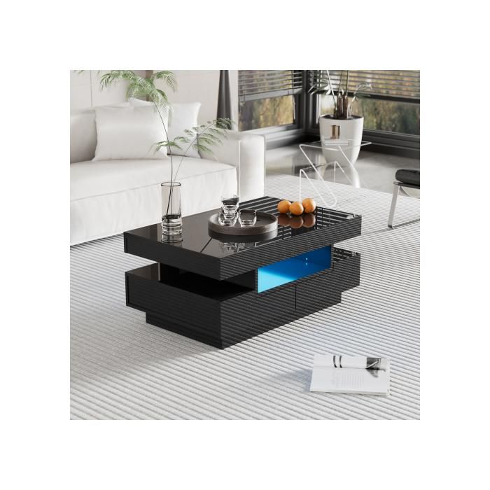 Table basse avec LED - Surface brillante - 80x50x36 cm - Noir - Bande lumineuse LED intégrée - Quatre tiroirs