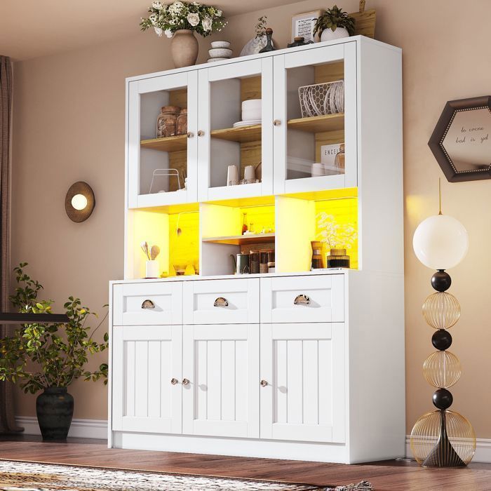 Vitrine de Salle à Manger - Buffet Haut LED avec Étagères Réglables et Meuble de Rangement MDF 140x40x175 cm Blanc