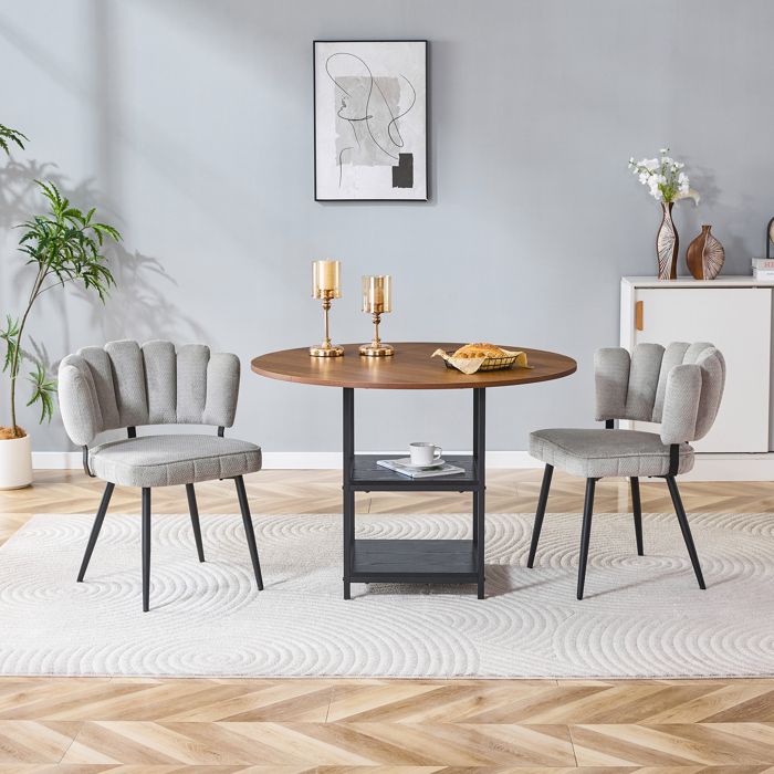 Ensemble table et chaises - Table ronde 107 cm - Double niveau de rangement - 2 chaises dossier fleur - Gris clair