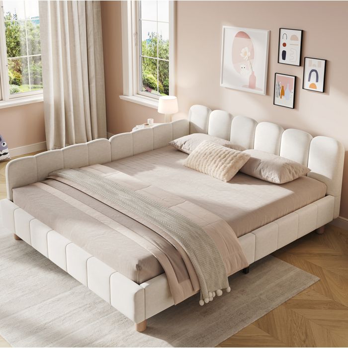 Lit enfant 140x190 cm avec barrière de sécurité poches latérales et sommier à lattes velours beige