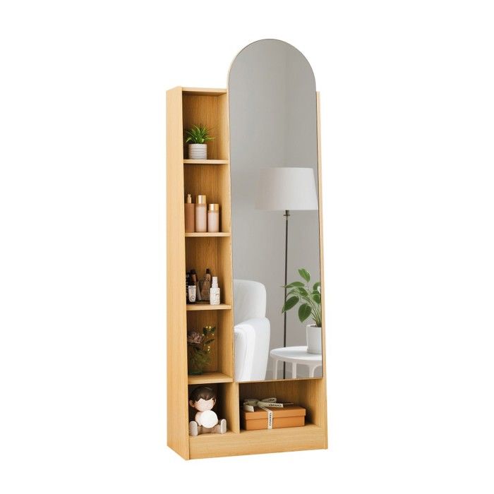 Armoire À Chaussures Avec Porte Miroir Penderie Et Rangement Maquillage Étagères Réglables Aspect Bois Naturel 60x28x165cm