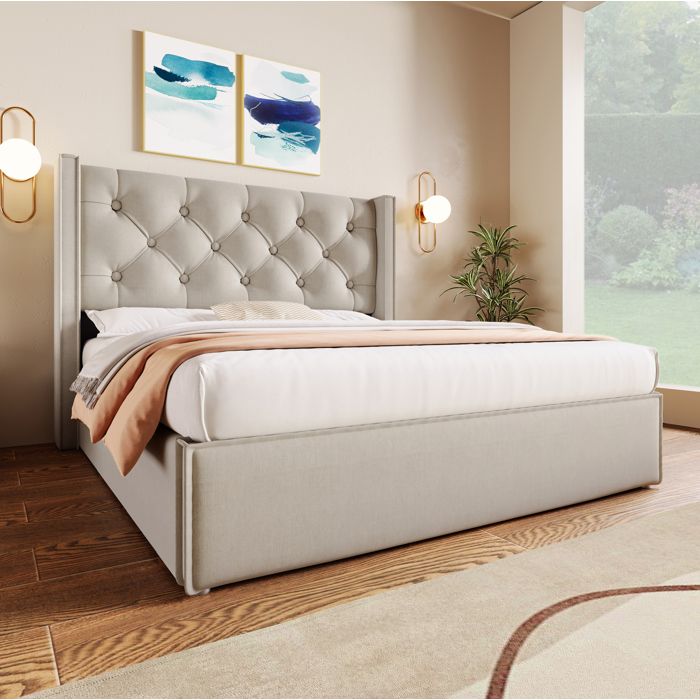 Lit coffre 160 × 200 cm en coton gris clair avec tête de lit capitonnée