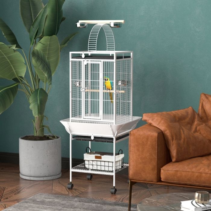 Cage à oiseaux perroquet 3 portes 2 perchoirs roues 360° mangeoire étagère 625 x 625 x 156 cm blanc