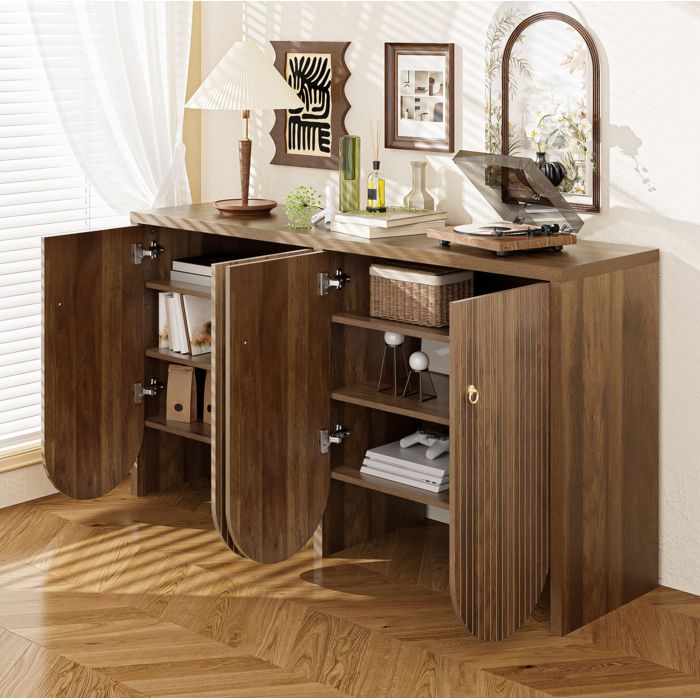 Buffet bas 4 portes avec étagères réglables et poignées aluminium - TCQPZ - MDF aspect bois noyer 147 x 40 x 80 cm