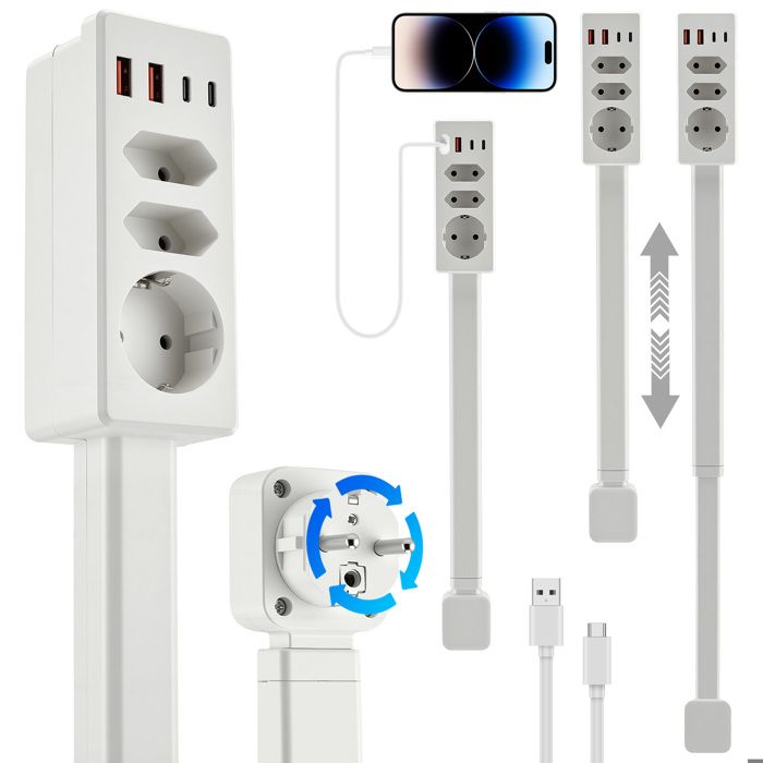 Rallonge Rotative 6 Prises AC + 3 Ports USB - 1800 Joules, Protection Surtension, Murale