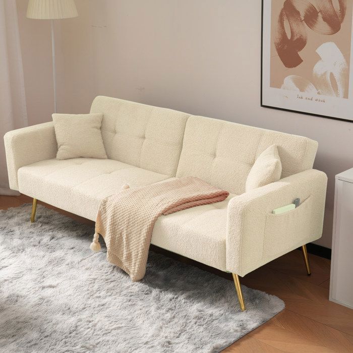 Canapé-lit beige convertible en tissu effet laine bouclée avec poches latérales