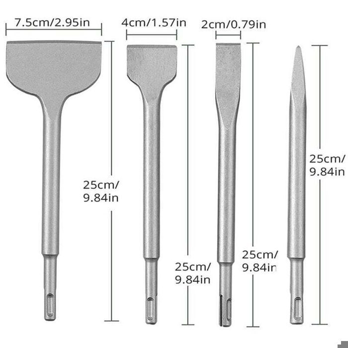 Burins à béton - PZCC - Ensemble de 4 pièces - Burin pointu - Burin plat 20 mm - Burin plat 40 mm - Burin plat 75 mm