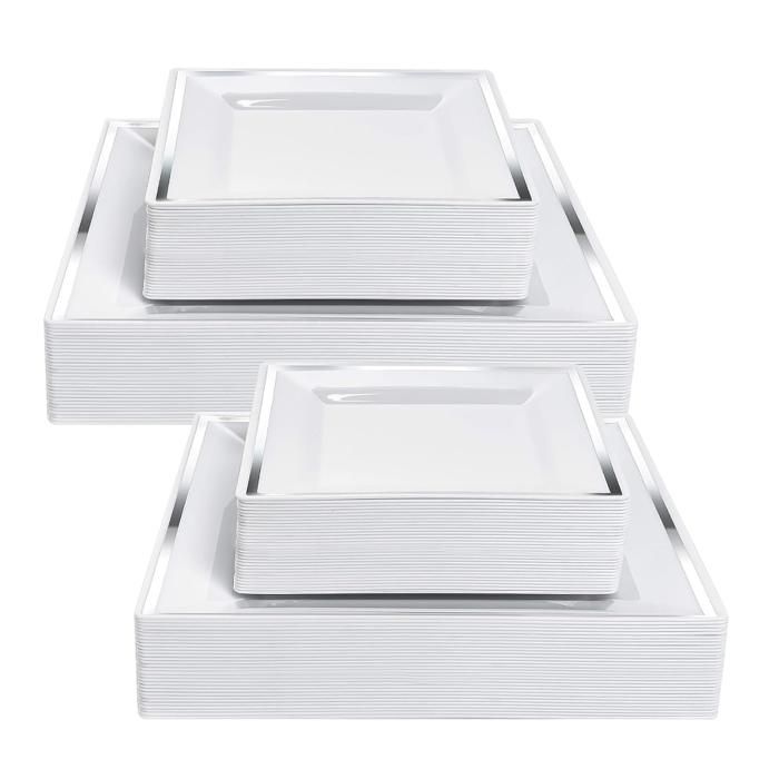 Lot de 50 Assiettes Plastique Rigide avec Bordure Argentée - 25 Assiettes Plates (24cm) + 25 Assiettes Dessert (165cm) - Service