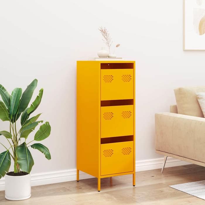 (15910)Meuble rangement - Buffet haut - contemporain - jaune moutarde 39x35x103 5 cm acier poid:19.7 kg