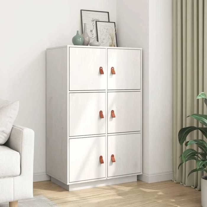(12977)Meuble rangement - Buffet haut - contemporain - Blanc 67x40x108 5 cm Bois massif de pin poid:22 kg