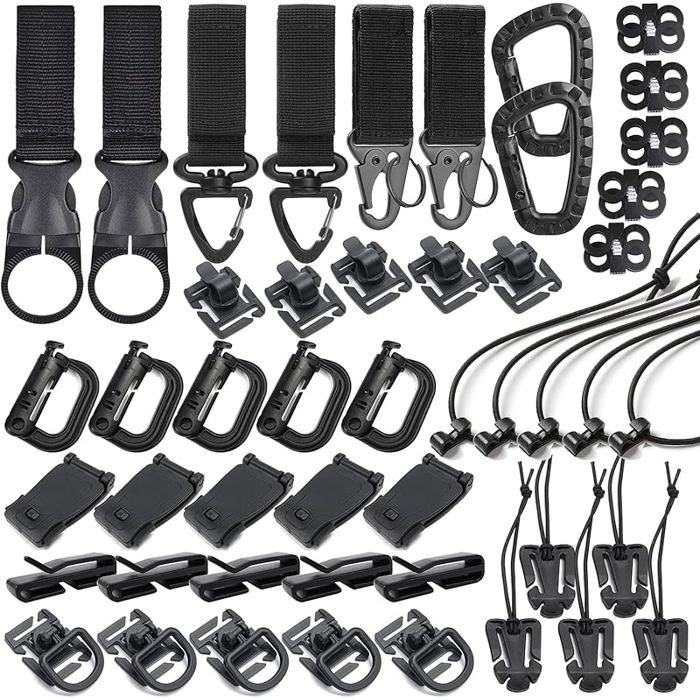 Lot de 48 clips équipement tactiques avec sangles Molle pour sac à dos ceinture avec crochet en nylon anneau en D Noir