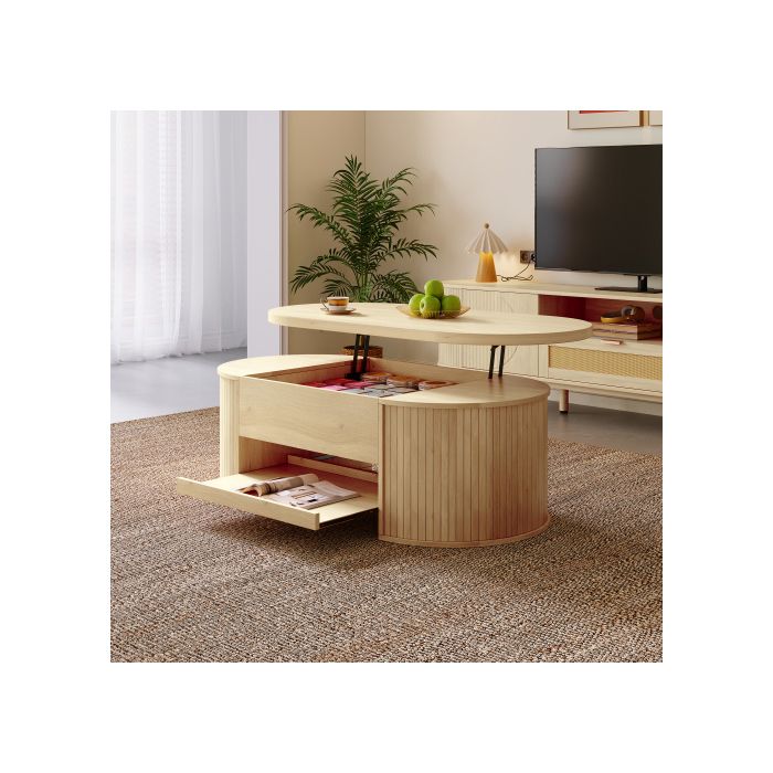 Table Basse Relevable 110x55.5x40/55 Cm Avec Étagère Coulissante MDF Couleur Naturel