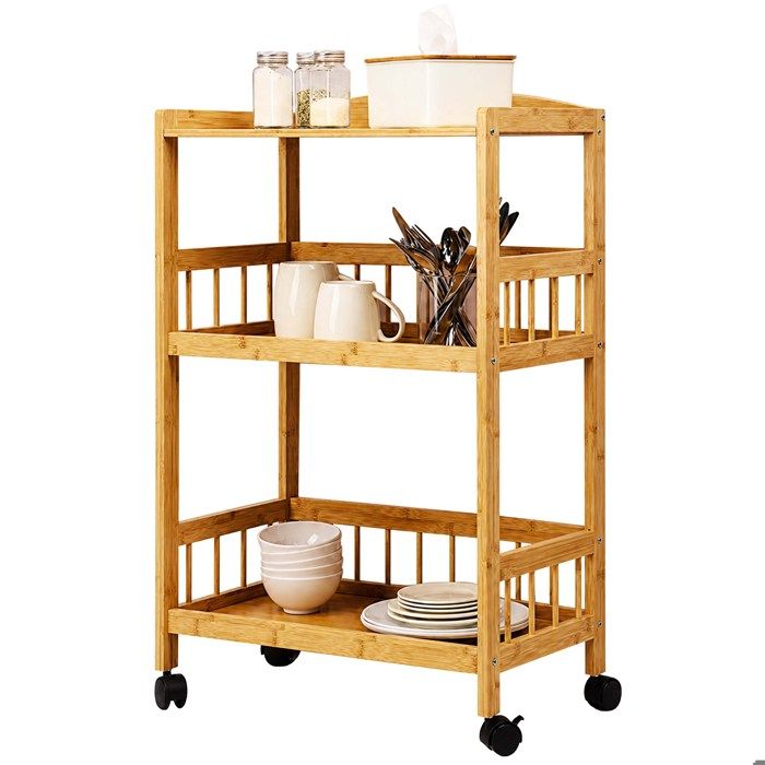 Relaxdays Desserte en bambou 80 x 53 x 30 cm 3 niveaux avec roulettes pour cuisine et salon couleur naturelle
