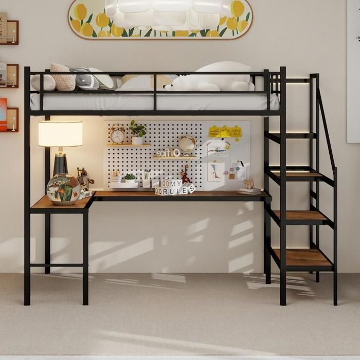 Lit mezzanine - KOMHTOM - 90x190 cm - Métal - Bureau en L - Escalier de rangement Lit mezzanine - KOMHTOM - 90x190 cm - Métal - Bureau en L - Escalier de rangement