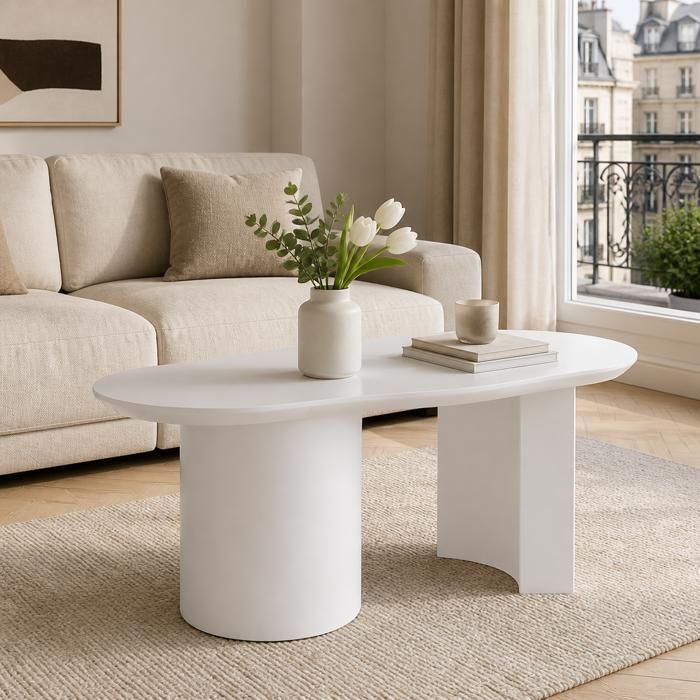 Table basse - Zephmum - blanc irrégulier 100 cm MDF laqué