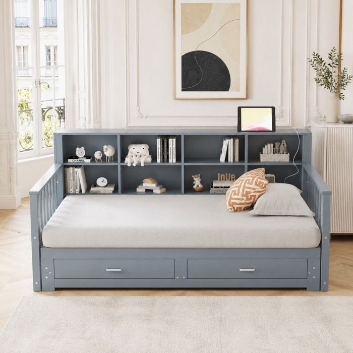 Lit Banquette Extensible 90/180x190 Cm En Bois Massif Gris Canapé-Lit Gigogne Avec Rangements Et Prise USB
