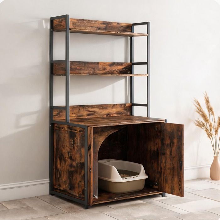 Meuble cache-litière avec grattoir intégré 3 étagères structure bois et métal couleur marron 89 5 x 45 x 132 cm