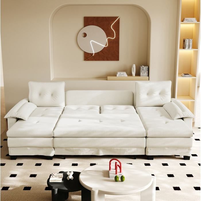 Canapé U convertible 278 cm en chenille beige avec lit d’appoint port USB et accoudoirs amovibles