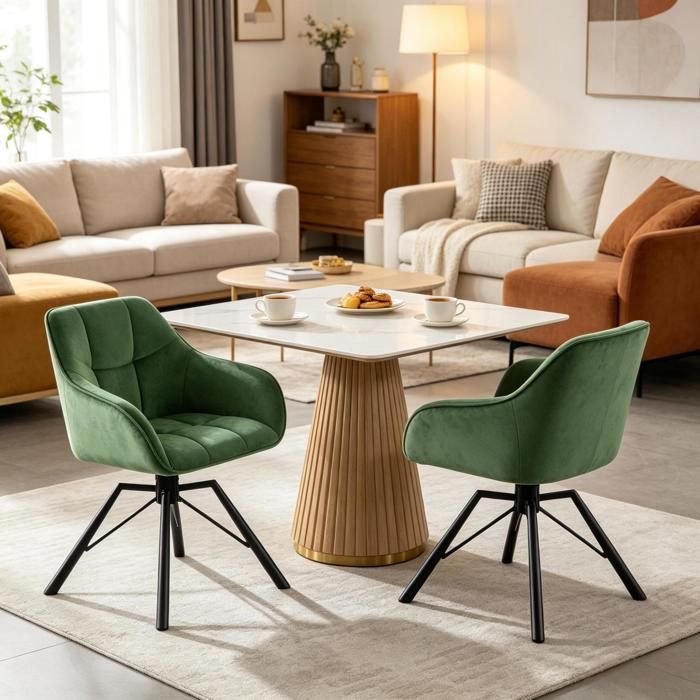 Chaise Pivotante En Velours Vert Lot De 2 Fauteuil Avec Accoudoirs FloraGrace Pour Repas Facile A Monter 58 5x82 5x54 5cm