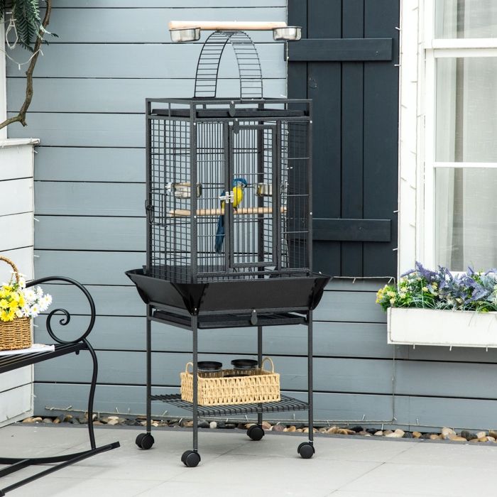 Cage pour perruches - 625x625x156 cm - Acier noir - Spacieuse (perchoirs & échelle) - Roulettes avec frein